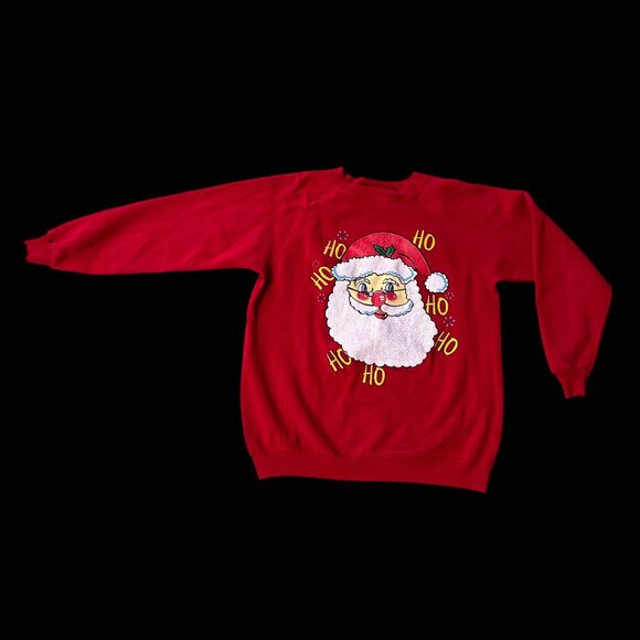 Vintage Christmas Sweatshirt XL 1990s Hanes USA Red Santa Ho Ho Ho Ugly Sweater - Picture 2 of 8